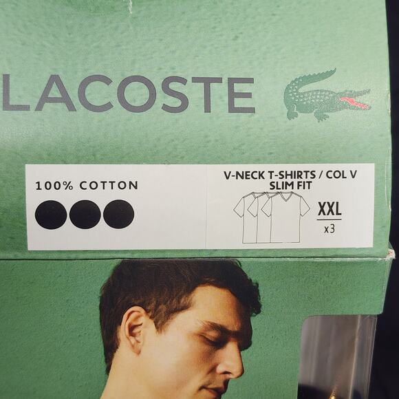 Lacoste Black V Neck T Shirts XXL Slim Fit 100% Cotton 3 Pack Open Box - Picture 2 of 6